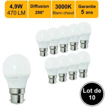 Lot de 10 ampoules LED B22 4,9W 470Lm 3000K - garantie 5 ans