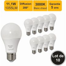 Lot de 10 ampoules LED E27 11,1W 1055Lm 3000K - garantie 5 ans