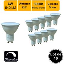 Lot de 10 ampoules led Dimmable GU10 6W 540Lm 3000K - garantie 5 ans