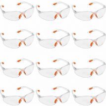 Lot de 12 Lunettes de Sécurité Transparentes - Lunettes de Protection avec Verres en Plastique, Pont-de-Nez et Embouts de Branches en Caoutchouc pour