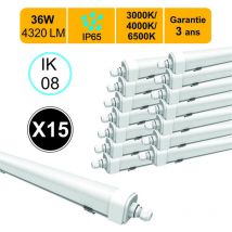 Lutece-arc - Lot de 15 réglettes led étanche IP65 36W 4320lm - 3CCT - traversant - garantie 3 ans