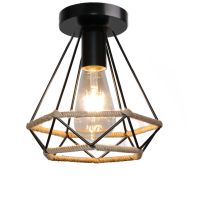 Wottes - Plafonnier Industriel Vintage Suspension Luminaire Métal Corde De Chanvre Lampe De Plafond Créatif Noir E27 Ø20cm - 1pcs