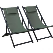 Sweeek - Lot de 2 bains de soleil kaki - Transat en aluminium avec coussin repose tête. chilienne