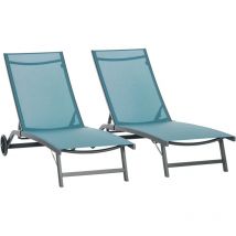 Lot de 2 bains de soleil transats inclinables - 2 roulettes - alu. textilène bleu