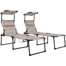 Lot de 2 bains de soleil transats pliables réglables avec pare-soleil taupe
