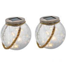 Lot de 2 boules solaires - LUMISKY - CRACK BALL CORD - H13 cm - Verre craquelé a poser - Poignée corde micro - LED blanc chaud