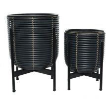 Jardideco - Lot de 2 cache-pots en polyrotin anthracite rond sur pieds