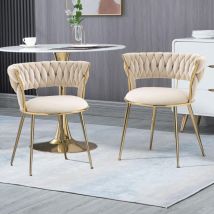 Dans Les Nuages - Lot de 2 Chaise, avec Pieds en métal Doré, Dossier courbé de capitonné, Conception de tissage, chaises à manger en Velours - Beige