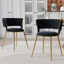 Hofurni - Lot de 2 Chaise de salle à manger en velours - Chaises de Salle à Manger scandinave, avec dossier tressé et pieds en métal doré - Noir