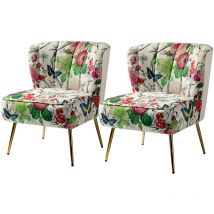 Lot de 2 Chaise de Salon avec Pieds en Métal, Fauteuil Confortable en Tissu Floral, Chaise Tapissée pour Salon, Chambre, Salle de lecture, Ivoire