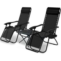 Vounot – Lot De 2 Transats Inclinables En Textilène – Support Lombaire Renforcé – Inclinaison Réglable 90-127° – Table D'Appoint Avec Porte-gobelet