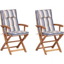 Lot de 2 Chaises de Jardin Pliantes en Bois Salle à Manger Extérieur avec Coussins Rayés Bleu Maui ii