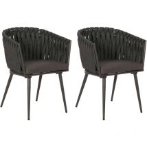 Lot de 2 chaises de salle à manger en aluminium HHG 418, chaise d'intérieur avec accoudoirs, corde tressée en oléfine, anthracite Coussin gris foncé