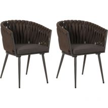 Lot de 2 chaises de salle à manger en aluminium HHG 418, chaise d'intérieur avec accoudoirs, corde tressée en oléfine, marron Coussin gris foncé