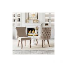 Ensemble de 2 Chaises de salle à manger en velours beige, avec matelassage de boutons, structure en bois massif