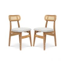 Lot de 2 chaises en bois massif, dossier en cannage et assise en tissu chiné gris