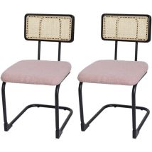 Lot de 2 chaises à piétement luge HHG-712, chaise à dossier, bois rotin métal bouclé, tissu/textile rose
