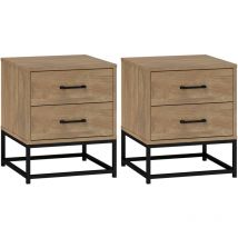 Lot de 2 chevets effet bois exotique - 2 tiroirs - piètement poignées métal noir