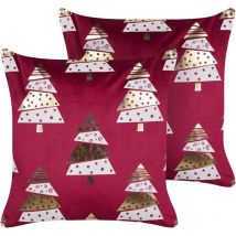 Beliani - Lot de 2 Coussins Décoratifs en Velours à Motif de Sapin de Noël Rouge Goldspruce