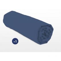 Lot de 2 draps housse uni coton 57 fils bleu 180x200 cm bonnet 25 cm