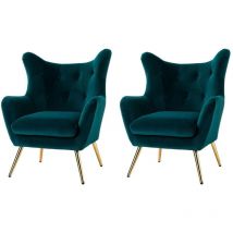 Lot de 2 Fauteuil Salon Fauteuil Scandinave Chaise Confortable en Velours avec Pieds en Métal Doré & Wingback Pour Salon, Chambre, Vert foncé