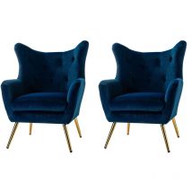 Lot de 2 Fauteuil Salon Fauteuil Scandinave Chaise Confortable en Velours avec Pieds en Métal Doré & Wingback Pour Salon, Chambre, Bleu