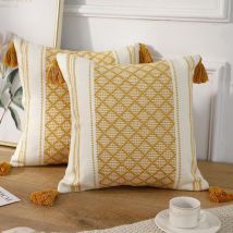 Lot de 2 housses de coussin décoratives tricotées en coton bohème avec pompon jaune et blanc, accent moderne classique ferme jacquard taie d'oreiller