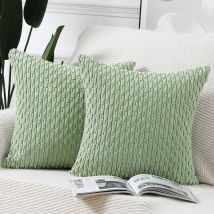Lot de 2 Housses de Coussin en Velours côtelé rayé Boho Housse de Coussin décorative Douce pour canapé Chambre à Coucher Vert Clair 60 x 60 cm
