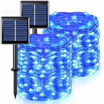 Lot de 2 lampes solaires bleues à étanches avec 8 modes, fil de cuivre de pour cour, terrasse, jardin, arbre, fête, mariage, décoration de Noël,12