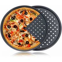 Rhafayre - Lot de 2 Moules à Pizza Ronds Antiadhésifs Perforés en Acier au Carbone Noir, Grille Résistant Haute Température, Support Idéal Tarte,