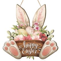 Lot de 2 panneaux de bienvenue Lapin de Pâques Décoration de porte d'entrée en bois Panneaux à suspendre pour Pâques