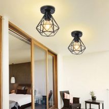 Wottes - Plafonnier Vintage E27 Abat-jour de Plafond à Cage en Métal Suspension Luminaire Industrielle Noir Ø20CM - 2Pcs