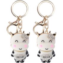 Feiyue - Lot de 2 porte-clés en métal avec pendentif en forme de petite vache en résine et diamants