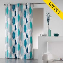 Lot de 2 rideaux a oeillets 140 x 240 cm coton imprime leafy Bleu