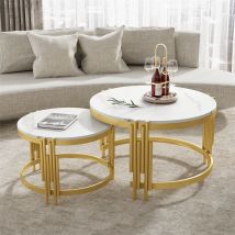 Fortuna Lai - Lot de 2 table basse gigogne, table ronde, aspect marbre, structure en métal doré, D71,5x44+P51,5x37cm Blanc
