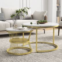 Blanketswarm - Lot de 2 Table basse gigogne, tables basses rondes modernes effet marbre avec pieds en métal doré, table basse ronde idéales pour le