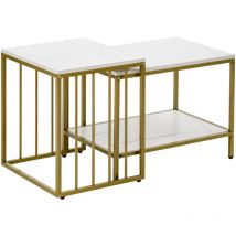 MH - Lot de 2 tables basses gigogne athena aspect marbre blanc et doré