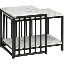 Lot de 2 tables basses gigognes design - acier noir panneaux aspect marbre blanc