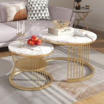 Lot de 2 tables basses gigognes - placage à motif de marbre - Blanc & Doré