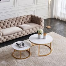 Lot de 2 Tables Basses Gigognes Rondes Modernes 80/40 cm - Plateau Motif Marbre Blanc, Structure Métal - Or