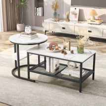 Lot de 2 Tables Basses Gigognes Scandinaves - Table d'Appoint Imprimée Marbre - Cadre en Métal Noir, Repose-pieds Réglables,Table basse rectangulaire