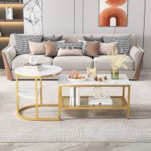 Lot de 2 Tables Basses Gigognes Scandinaves - Table d'Appoint Imprimée Marbre - Cadre en Métal Noir, Repose-pieds Réglables,Table basse rectangulaire