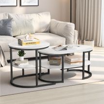 Fortuna Lai - Lot de 2 Tables Basses Gigognes Scandinaves - Table d'Appoint Ovale Imprimée Marbre avec Étagères de angement - Cadre en Métal - Noir