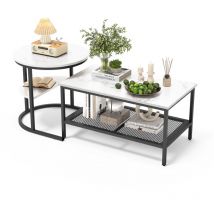 Pergar - Lot de 2 Tables basses gigognes,placage de marbre,cercles et rectangles,blanc et noir,80x46x41cm,52x52x51cm