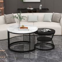 Wishdor - Table basse gigogne ronde, lot de 2, table basse gigogne blanche et noire, cadre en métal noir, placage de marbre