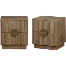 Lot de 2 tables de chevet 2 tiroirs effet bois de manguier rainuré. poignées en métal doré. L42 x P38 x H50cm