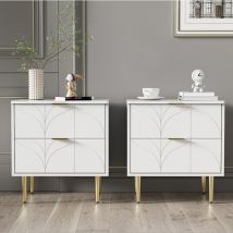 Lot de 2 Tables de Chevet avec 2 Tiroirs, motif floral, 50x40x54cm, avec pieds et boutons dorés, Style Baroque, pour Salon et Chambre à Coucher, Blanc