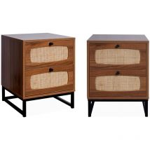 Sweeek - Lots de 2 tables de chevet en décor bois et cannage avec pieds et poignées en métal noir