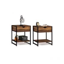 Lot de 2 tables de chevet hawkins 1 tiroir avec tablette bois foncé design industriel