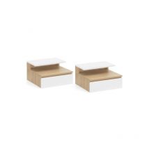 Lot de 2 tables de chevet murales tomi 1 tiroir + 1 tablette étagère suspendue + 1 tablette façon hêtre et blanc